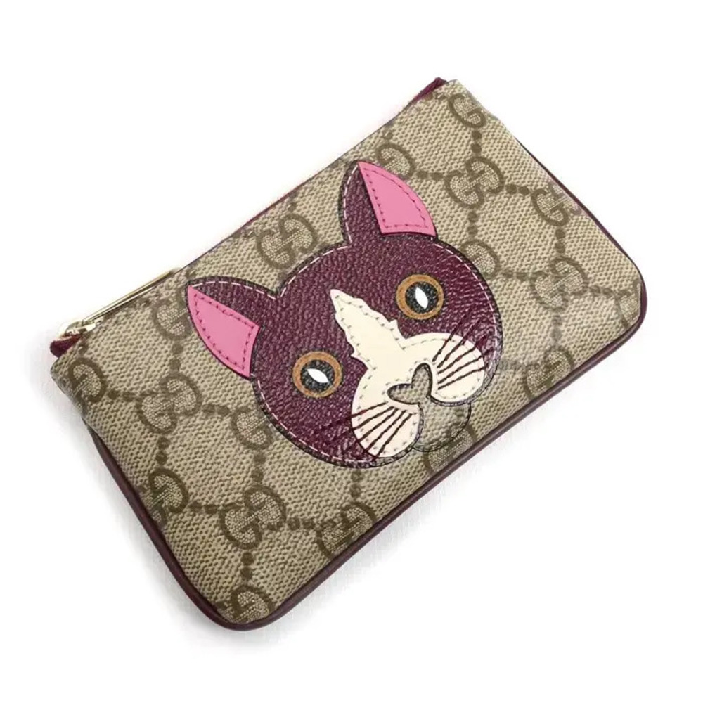 Gucci GG Supreme Cat Coin Wallet Faeen Canvas Leather Bordeaux Purple Beige